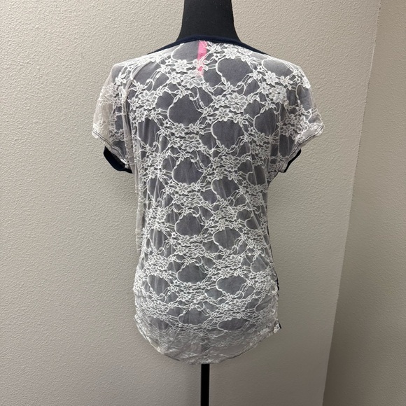 May Blue Navy Owl Graphic Lace Back Boho Top Short Sleeve Casual Tee Shirt - Picture 5 of 9